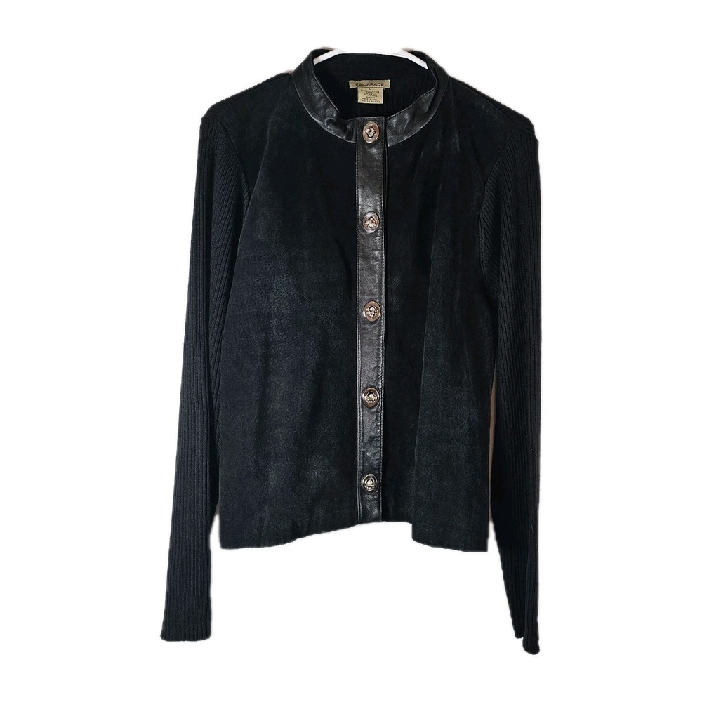 Escapade Women Suede W/ Leather Trim Ribbed Jacket Black EUC Grunge‎  Biker Vtg